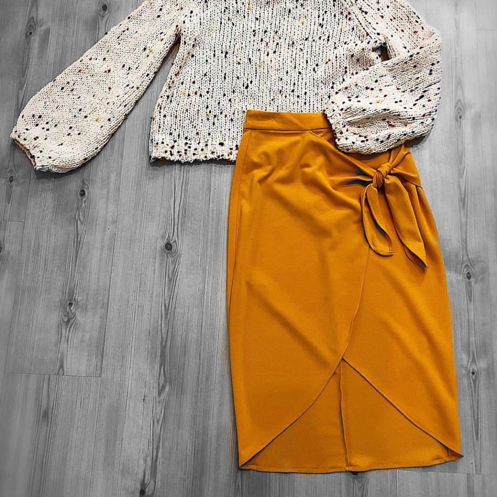 Mustard yellow knee length 
 tulip hem tie wrap